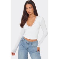 Long Sleeve Plunge Lace Trim Top In White, Women's Size UK 12
