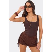 Fringe Side Detail Shorts In Brown Faux Suede, Women's Size UK 6