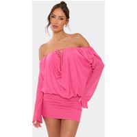 Long Sleeve Asymmetric Neckline Tie Front Draped Blouson Dress In Hot Pink, Women's Size UK 6