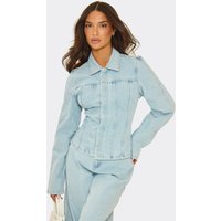 Long Sleeve Seam Detail Cinched Waist Jacket In Light Blue Denim, Women's Size UK 14