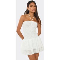 Halter Neck Frill Hem Mini Dress In White Broderie, Women's Size UK 6
