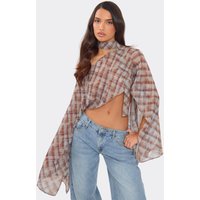 Off The Shoulder Scarf Detail Cape Top In Mult Check Print Chiffon, Women's Size UK 8