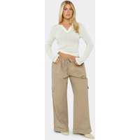 Low Rise Drawstring Waist Pocket Detail Wide Leg Cargo Trousers In Taupe, Women's Size UK 16