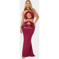 Halterneck Trim Detail Contrast Sequin Panel Cut Out Maxi Dress In Burgundy, Women's Size UK 6