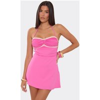 Halter Neck Contrast Lace Trim Ruched Bust Flippy Hem Mini Dress In Pink, Women's Size UK 10