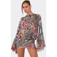 Long Flared Sleeve Slash Neck Blouson Mini Beach Dress In Multi Animal Print, Women's Size UK 8