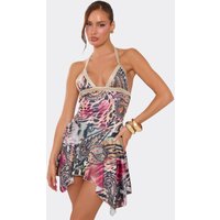 Halterneck Contrast Metallic Binding Hanky Hem Mini Dress In Multi Animal Print, Women's Size UK 10