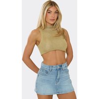 High Neck Crop Top In Gold Metallic Texture, Women's Size UK 14