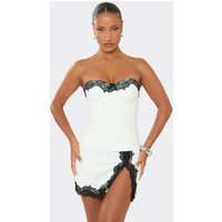 Bandeau Contrast Lace Trim Corset Top In White Satin, Women's Size UK 14
