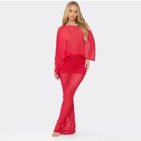 Off The Shoulder Cape Top And Ruched Maxi Skirt Co-Ord Set In Red Diamante Mesh, Women's Size UK S
