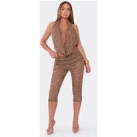 Cowl Neck Top And Capri Trouser Co-Ord Set In Brown Sequin, Women's Size UK M