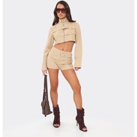 Mid Rise Buckle Strap Detail Mini Shorts In Beige, Women's Size US 6