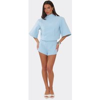 Belted Button Waist Flared Mini Short In Blue, Women's Size UK 4