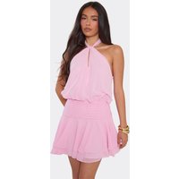 Halterneck Keyhole Cut Out Layered Frill Hem Mini Dress In Pink, Women's Size UK 10