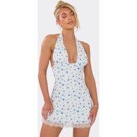 Halterneck Lace Trim Mini Dress In Blue Ditsy Floral Print, Women's Size UK 14