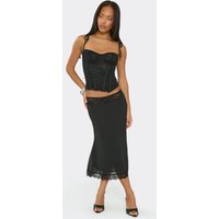 Low Rise Lace Trim Detail Midi Skirt In Black Chiffon, Women's Size UK 14