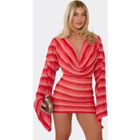 Long Flared Sleeve Cowl Neck Mini Dress In Orange Textured Stripe, Women's Size UK 6