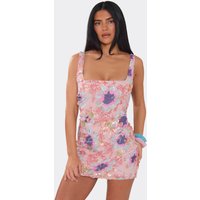 Square Neck Floral Embellished Detail Mini Dress In Pink, Women's Size UK 12