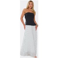 Longline Bandeau Pleated Contrast Polka Dot Print Maxi Dress In Black, Women's Size UK 6