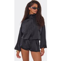 Long Sleeve Collar Detail Bomber Playsuit In Black Satin, Women's Size UK 12