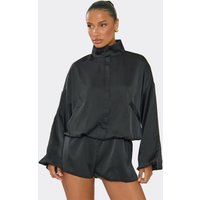 Long Sleeve Collar Detail Bomber Playsuit In Black Satin, Women's Size UK 8