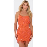Strappy Tassel Hem Sequin Detail Mini Dress In Orange, Women's Size UK 8