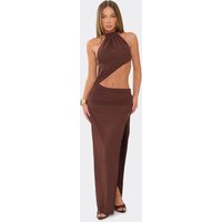 High Neck Open Back Split Leg Cut Out Maxi Dress In Brown, Women's Size UK 14