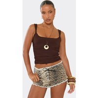 Low Rise Frayed Hem Lace Up Front Shorts In Brown Leopard Print Denim, Women's Size UK 16