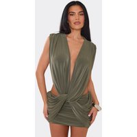 Extreme Cowl Neck Cut Out Detail Ruched Mini Dress In Khaki, Women's Size UK 14