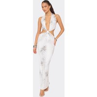 Halterneck Plunge Front Cut Out Side Detail Maxi Dress In White Leopard Print, Women's Size UK 14