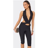 Halterneck Plunge Front Cut Out Detail Tie Back Top In Black, Women's Size US 10
