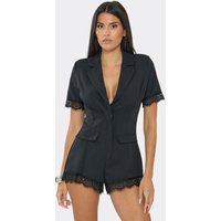 Short Sleeve Plunge Neck Lace Trim Tailored Playsuit In Black, Women's Size UK 12