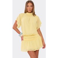 Short Floaty Sleeve High Neck Frilled Hem Mini Dress In Lemon., Women's Size UK 12