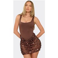Scoop Neck Contrast Sequin Drape Mini Dress In Chocolate Brown, Women's Size US 4