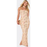 Bandeau Scarf Detail Ruched Maxi Dress In Yellow Floral Print Mesh, Women's Size UK 8