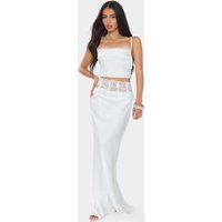 Lace Detail Maxi Skirt In White Satin, Women's Size UK 12
