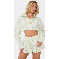 Long Sleeve Button Up Cropped Skirt In Yellow Pinstripe, Women's Size US 6