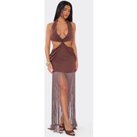Halterneck Cut Out Tassel Hem Maxi Dress In Brown, Women's Size UK 12