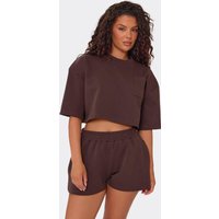 Short Sleeve Shoulder Pad Boxy Cropped T-Shirt In Chocolate Brown Interlock, Women's Size US 4