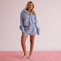 Drawstring Waist Ego Graphic Detail Sweat Shorts In Blue, Women's Size UK 6