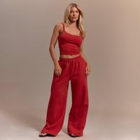 Low Rise Drawstring Waist Pocket Detail Wide Leg Joggers In Red, Women's Size UK 8