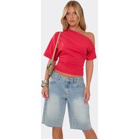 One Shoulder Cinched Waist Detail T-Shirt In Red, Women's Size UK 12