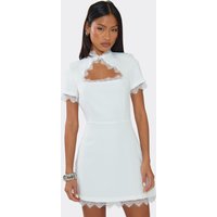 Short Sleeve Cut Out Lace Trim A-Line Mini Dress In White, Women's Size UK 8