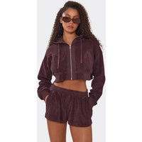 Long Sleeve Zip Up Cropped Hoodie In Chocolate Brown Towelling, Women's Size US 4