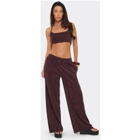 Low Rise Button Front Wide Leg Joggers In Chocolate Brown Towelling, Women's Size US 4