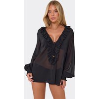 Long Balloon Sleeve Frilled Detail Tie Front Top In Black, Women's Size UK 10