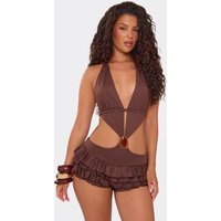 Halterneck Trim Detail Cut Out Frilled Micro Playsuit In Chocolate Brown, Women's Size US 4