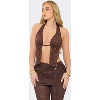 Halterneck Open Back Top In Chocolate Brown Lace, Women's Size UK 14