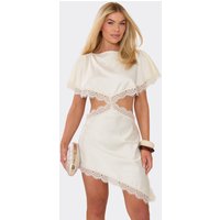 Short Sleeve Cut Out Waist Asymmetric Lace Trim Mini Dress In Cream, Women's Size UK 8