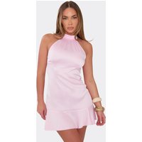 High Neck Frill Hem Sleeveless Dress In Pink Satin, Women's Size UK 14